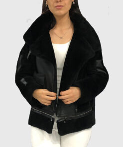 Eowyn Women's Black Leather Bomber Jacket - Black Leather Bomber Jacket For Women - Front Open View