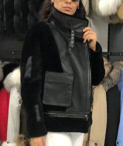 Eowyn Women's Black Leather Bomber Jacket - Black Leather Bomber Jacket For Women - Side View