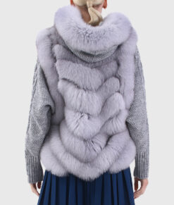 Ethereal Women's Blue Hooded Real Rex Rabbit Fur Jacket - Blue Hooded Real Rex Rabbit Fur Jacket For Women - Back VIew