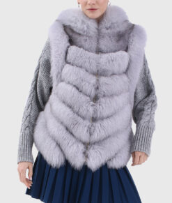 Ethereal Women's Blue Hooded Real Rex Rabbit Fur Jacket - Blue Hooded Real Rex Rabbit Fur Jacket For Women - Close Front View
