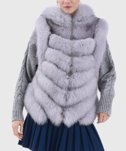 Ethereal Women's Blue Hooded Real Rex Rabbit Fur Jacket - Blue Hooded Real Rex Rabbit Fur Jacket For Women - Close Front View