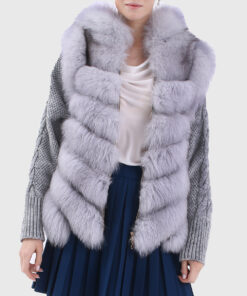 Ethereal Women's Blue Hooded Real Rex Rabbit Fur Jacket - Blue Hooded Real Rex Rabbit Fur Jacket For Women - Open Front View