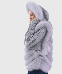 Ethereal Women's Blue Hooded Real Rex Rabbit Fur Jacket - Blue Hooded Real Rex Rabbit Fur Jacket For Women - Hooded Side VIew