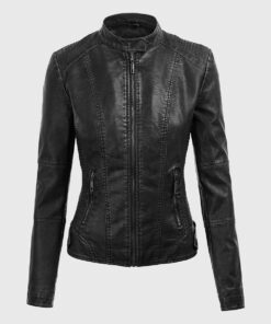 Evelyn Black Detachable Hooded Leather Jacket - Front View