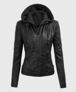 Evelyn Black Detachable Hooded Leather Jacket - Front Hooded View
