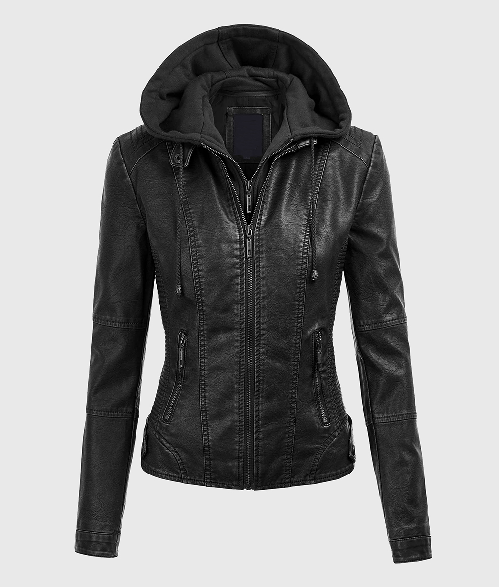 Evelyn Black Detachable Hooded Leather Jacket - Front Hooded View