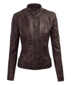 Evelyn Brown Detachable Hooded Leather Jacket - Front View