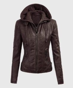 Evelyn Brown Detachable Hooded Leather Jacket - Front View With Hood