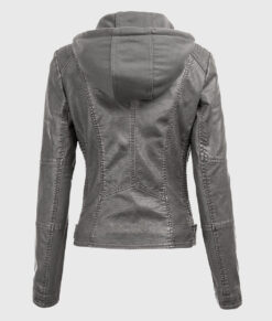 Evelyn Grey Detachable Hooded Leather Jacket - Back Hooded View