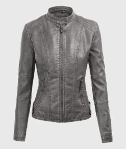 Evelyn Grey Detachable Hooded Leather Jacket - Front View