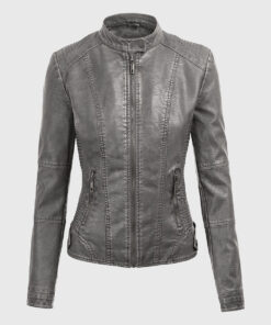 Evelyn Grey Detachable Hooded Leather Jacket - Front View
