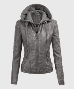 Evelyn Grey Detachable Hooded Leather Jacket - Front Hooded View