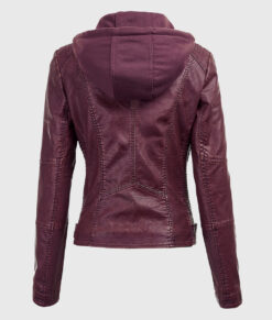 Evelyn Maroon Detachable Hooded Leather Jacket - Back Hooded View