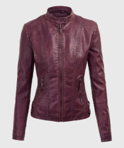 Evelyn Maroon Detachable Hooded Leather Jacket - Front View