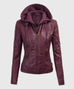 Evelyn Maroon Detachable Hooded Leather Jacket - Front Hooded View