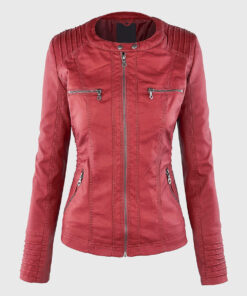Evelyn Red Detachable Hooded Leather Jacket - Front View