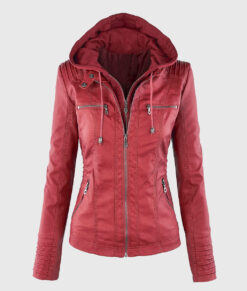 Evelyn Red Detachable Hooded Leather Jacket - Front Hooded View