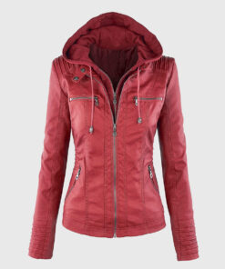 Evelyn Red Detachable Hooded Leather Jacket - Front Hooded View