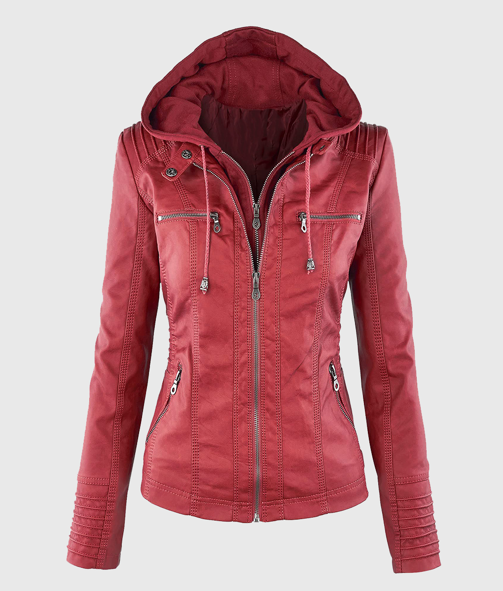 Evelyn Red Detachable Hooded Leather Jacket - Front Hooded View