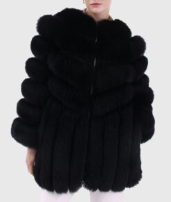 Faye Women's Black Real Fox Fur Jacket - Black Real Fox Fur Jacket For Women - Front Close View