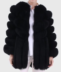 Faye Women's Black Real Fox Fur Jacket - Black Real Fox Fur Jacket For Women - Open Front View