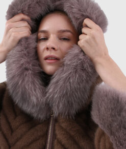 Fiora Women's Brown Hooded Real Fox Fur Coat - Women Brown Hooded Real Fox Fur Coat For Women - Hood Close Up View
