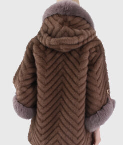 Fiora Women's Brown Hooded Real Fox Fur Coat - Women Brown Hooded Real Fox Fur Coat For Women - Back View