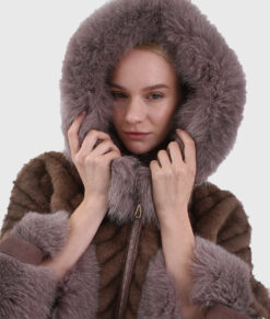 Fiora Women's Brown Hooded Real Fox Fur Coat - Women Brown Hooded Real Fox Fur Coat For Women - Hood VIew