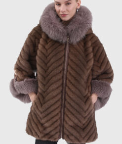 Fiora Women's Brown Hooded Real Fox Fur Coat - Women Brown Hooded Real Fox Fur Coat For Women - Front Close View
