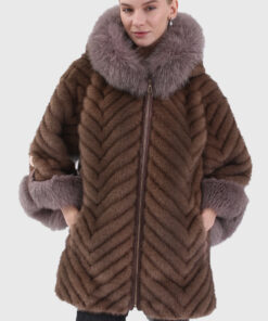 Fiora Women's Brown Hooded Real Fox Fur Coat - Women Brown Hooded Real Fox Fur Coat For Women - Front Close View