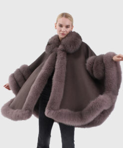 Fiora Women's Brown Real Alpaca Fur Cape - Brown Real Alpaca Fur Cape For Women - Open Front View