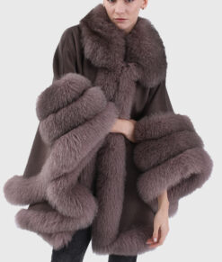 Fiora Women's Brown Real Alpaca Fur Cape - Brown Real Alpaca Fur Cape For Women - Side View
