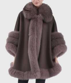 Fiora Women's Brown Real Alpaca Fur Cape - Brown Real Alpaca Fur Cape For Women - Close Front View