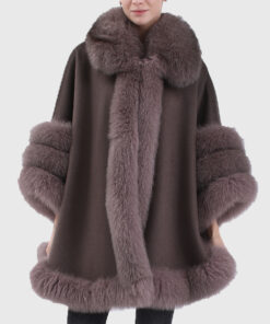 Fiora Women's Brown Real Alpaca Fur Cape - Brown Real Alpaca Fur Cape For Women - Close Front View
