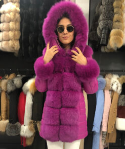 Freesia Women's Pink Real Fox Fur Hooded Coat | Pink Real Fox Fur Hooded Coat For Women - Front Close View