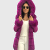 Freesia Women's Pink Real Fox Fur Hooded Coat | Pink Real Fox Fur Hooded Coat For Women - Front Open View