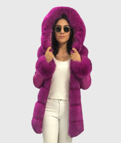 Freesia Women's Pink Real Fox Fur Hooded Coat | Pink Real Fox Fur Hooded Coat For Women - Front Open View
