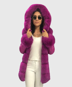 Freesia Women's Pink Real Fox Fur Hooded Coat | Pink Real Fox Fur Hooded Coat For Women - Front Open View