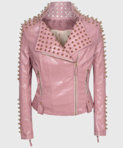 Harper Pink Studded Biker Leather Jacket - Front View