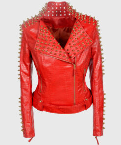 Harper Red Studded Biker Leather Jacket - Front View