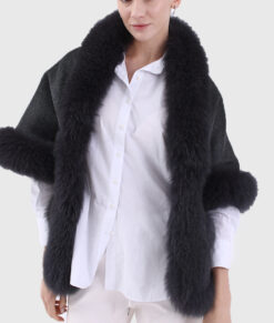 Helen Women's Black Real Alpaca Fur Cape Black Real Alpaca Fur Cape For Women - Front Open View