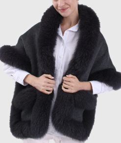 Helen Women's Black Real Alpaca Fur Cape Black Real Alpaca Fur Cape For Women - Front Close View