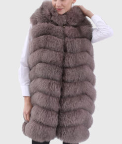 Helene Women's Brown Real Fox Fur Long Vest - Brown Real Fox Fur Long Vest For Women - Close Front View