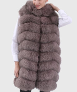 Helene Women's Brown Real Fox Fur Long Vest - Brown Real Fox Fur Long Vest For Women - Close Front View
