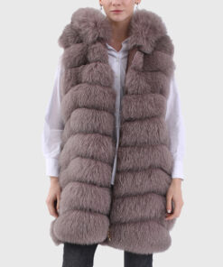 Helene Women's Brown Real Fox Fur Long Vest - Brown Real Fox Fur Long Vest For Women - Open Front View