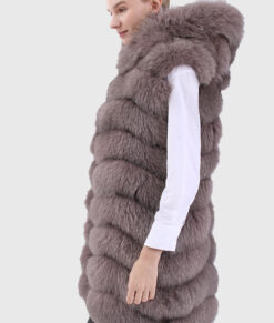 Helene Women's Brown Real Fox Fur Long Vest - Brown Real Fox Fur Long Vest For Women - Side View