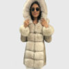 Idalia Women's White Real Fox Fur Hooded Coat - White Real Fox Fur Hooded Coat For Women - Front Close View