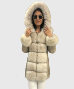Idalia Women's White Real Fox Fur Hooded Coat - White Real Fox Fur Hooded Coat For Women - Front Close View