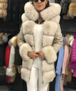 Idalia Women's White Real Fox Fur Hooded Coat - White Real Fox Fur Hooded Coat For Women - Front Open View