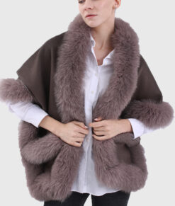 Iliad Women's Brown Real Alpaca Fur Cape - Brown Real Alpaca Fur Cape For Women -Front Open View